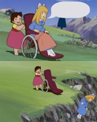 girl in a wheelchair pushed off a cliff Meme Template