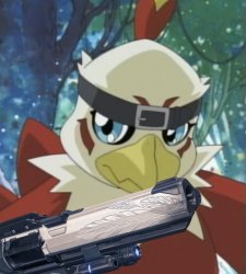 Hawkmon holding a Hawkmoon Meme Template