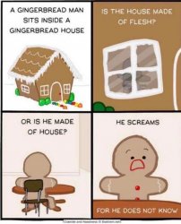 A gingerbread man sits inside a gingerbread house Meme Template