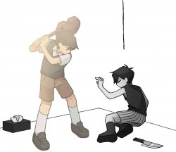 Sunny beating Omori with his violin Meme Template