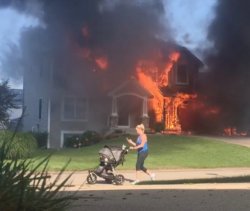 Woman with stroller burning house Meme Template