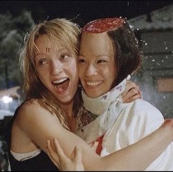 Uma Thurman with Lucy Lou on Kill Bill set Meme Template