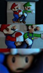 Toad’s horror face between Mario Bros Meme Template