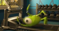 Mike Wazowski slipping off the treadmill Meme Template