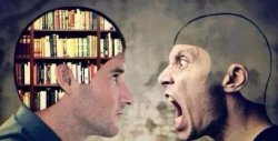 empty head idiot shouting at smart guy with books in head Meme Template