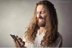 JESUS ON THE PHONE, JESUS LAUGHS AT SOMETHING ON THE PHONE Meme Template