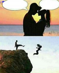 COUPLE ON CLIFF, HE KICKS HER OFF 2 PANEL Meme Template