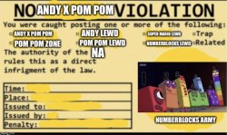 No Andy x pom pom lewd violation Meme Template