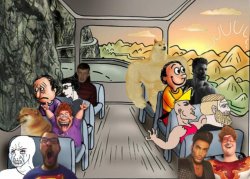 Several happy guys on bus vs. several sad guys on bus Meme Template
