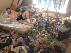 Guy in messy room surrounded by trash Meme Template