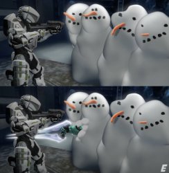 Guy gets stabbed by snowman Meme Template