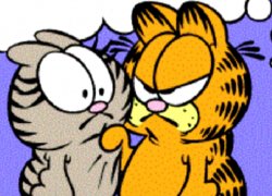 Garfield aggressively holding Nermal Meme Template