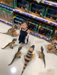 Girl surrounded by toy dinosaurs Meme Template