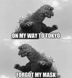 Godzilla on my way to Tokyo forgot my mask Meme Template