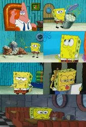 SpongeBob shows Patrick some trash 2 frames Meme Template