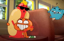 Gumball Watching Darwin Hug Hot Dog Guy Meme Template