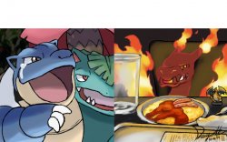 Blastoise yelling at Gigantimax Charizard Meme Template