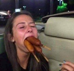 Woman mouthful corndogs hot dogs funny humor Meme Template