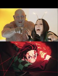 Drax and Mantis laughing irritating Tanjiro Meme Template