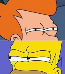 Suspicious Fry and Homer Staredown Meme Template