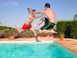 Two Men Fighting Above The Pool Meme Template