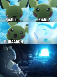 Pichu evolves into Pikachu Meme Template