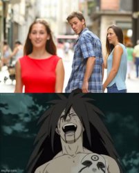 Madara taking the victory/ distracted boyfriend Meme Template