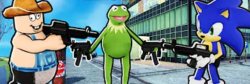 Cleetus, Kermit and Sonic pointing guns at eachother Meme Template