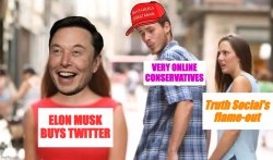 Elon Musk buys Twitter vs. Truth Social flame-out Meme Template