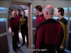 Picard, Riker and Data Meet Themselves. Meme Template