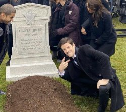 Grant Gustin Next To Oliver Queen's Grave Meme Template