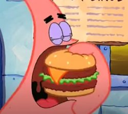Patrick eats a Krabby Double Deluxe in 1 bite Meme Template