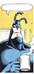 THE TICK SCOWLS WITH A COFFEE Meme Template