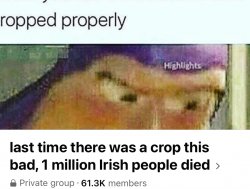 Last time there was a crop this bad 1 million Irish people died Meme Template