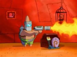 Patrick with flamethrower (flipped) Meme Template