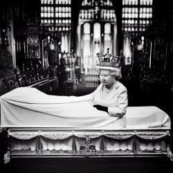 Queen Elizabeth II sitting in the coffin Meme Template