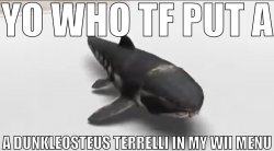 YO WHO TF PUT A DUNKELOSTEUS TERRELLI IN MY WII MENU Meme Template