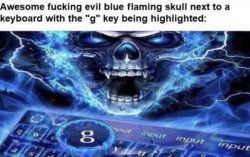 Awesome evil blue flaming skull next to a keyboard with G Meme Template
