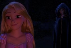 Rapunzel looking happy while Mother Gothel stands behind her Meme Template