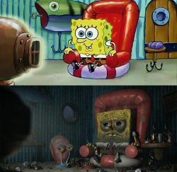 Sad spongebob watching tv Meme Template