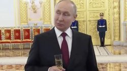 impressed Putin drunk with champagne glass in habd Meme Template