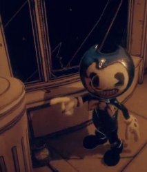 Baby Bendy pointing at trash Meme Template