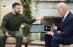 Zelensky Gives Confused Biden a Medal Meme Template