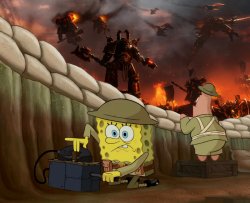 Spongebob in the trenches during a war Meme Template