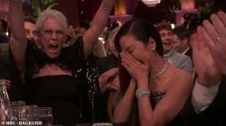 Jamie Lee Curtis cheering Michelle Yeoh Meme Template