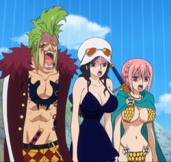 Nico Robin, Bartolomeo, and Rebecca Shocked Meme Template