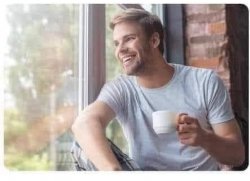 MAN WITH COFFEE SMILES OUT THE WINDOW Meme Template