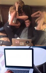Guy looks at laptop around girls Meme Template