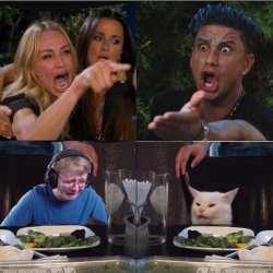 woman yelling at man while call me carson cries w/ confused cat Meme Template