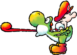 Green Yoshi & baby Mario in the Stick Tongue Meme Template